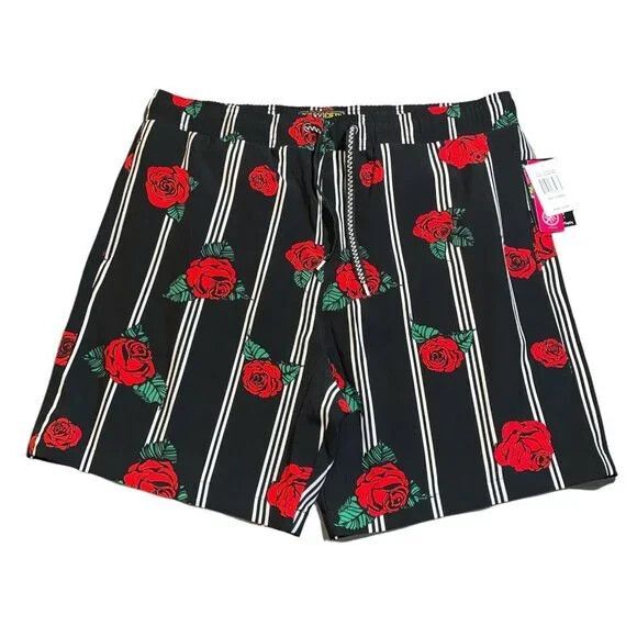 Surf Society mens Swim Trunk size Medium Black Stripe Roses Swim Short 7" inseam - Picture 3 of 9